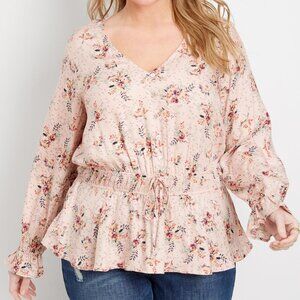 MAURICES 1 Plus Size Pink Floral Smock Waist Blouse Boho Long Sleeve Peasant Top